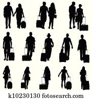 人们人, 同时，, 妇女, 带, 旅行袋, 侧面影象