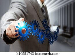 企业家, 手, 点, cogs, 图标, 在中, 板房间