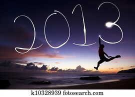 新年快樂, 2013., 年輕人, 跳躍, 以及, 圖畫, 2013, 所作, 電筒, 在空中, 在海灘上, 以前, 日出