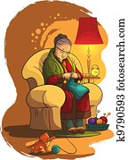 祖母, knittin, 在中, 扶手椅子