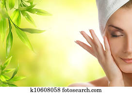 美麗, 年輕婦女, 适用, 有机, 化妝品, 到, 她, 皮膚