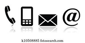 連絡, 黒, アイコン, セット