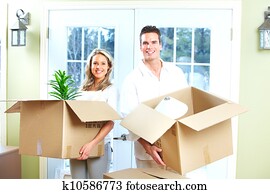 高兴的夫妇, 在中活动, a, 新, house.