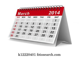2014 year calendar. March. Isolated 3D image