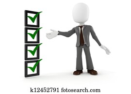 3d, hombre, hombre de negocios, y, lista cheque, blanco, plano de fondo