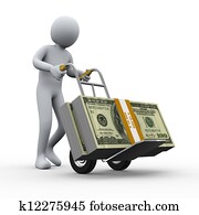 3d man with money hand truck 3d man with money hand truck