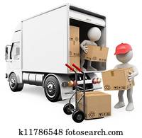 3D white people. Workers unloading boxes from a truck 3D white people. Workers unloading boxes from a truck