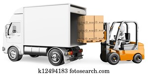 3d, לבן, אנשים., עובד, להטעין, a, משאית, עם, a, מלגזה