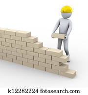 3d, 人, 建築物, 磚牆