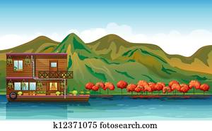 A river and a boat house A river and a boat house