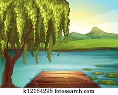 A river and a wooden bench A river and a wooden bench