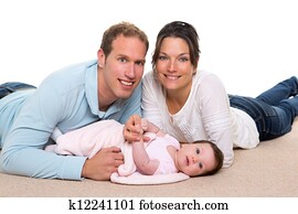 baby, mor og far, glad familie, liggende, på, teppe