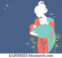 Beautiful mother silhouette with baby in a sling and floral background Beautiful mother silhouette with baby in a sling and floral background