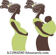 Beautiful women silhouettes. Pregnant woman and mother with baby in a sling Beautiful women silhouettes. Pregnant woman and mother with baby in a sling