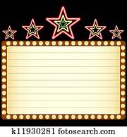 Blank movie, theater or casino marquee with neon stars above Blank movie, theater or casino marquee with neon stars above