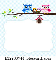 búho, familia, primavera, invitación, tarjeta