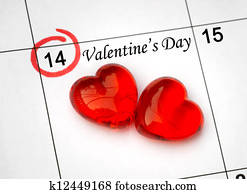 Calendar page with the red hearts on February 14 of Saint Valentines day. 