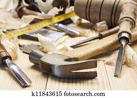 carpenter tools in pine wood table carpenter tools in pine wood table