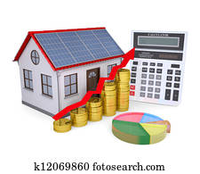 casa, com, solar, painéis, calculadora, programa, e, moedas