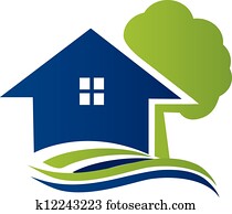 casa, com, árvore, e, ondas, logotipo