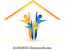 casa, y, familia feliz, logotipo, vector