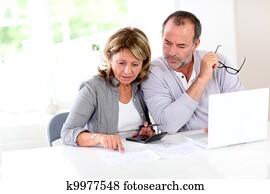 Couple reading construction plan at home with use of laptop