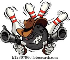 cowboy, bowling bal, spotprent, shootout
