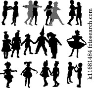 danse, enfants, silhouettes