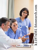Doctor showing nurses something on laptop