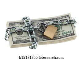 dollar currency notes with lock and chain.