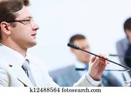 drei, businesspeople, an, versammlung