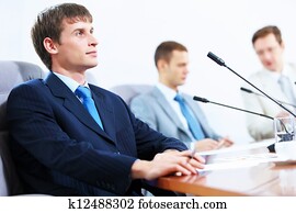 drei, businesspeople, an, versammlung