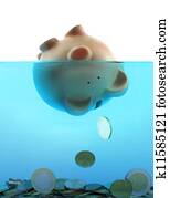 Drowning in debt represented by a piggy bank sinking in blue water
