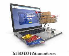 e-commerce., 購物車, 以及, 信用卡, 上, 膝上型