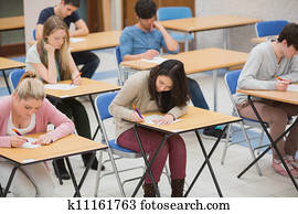 estudantes, escrita, em, a, exame, corredor