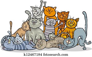 feliz, gatos, grupo, caricatura, ilustração