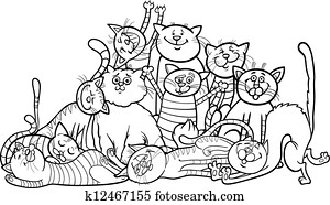 feliz, gatos, grupo, caricatura, para, tinja livro