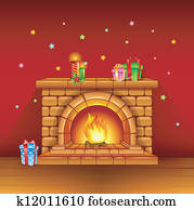 Fireplace with candles and gifts on red background Fireplace with candles and gifts on red background