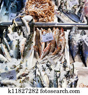 fresh cool fish on ice at street market