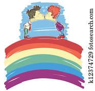 gay couple kissing on abstract rainbow. Vector sketch illustrati