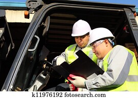 gerente, conversa, operador forklift