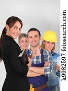 Group of young workers on white background