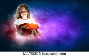 Happy girl opening gift box