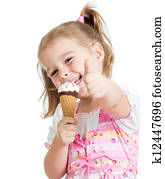 happy kid girl eating ice cream and showing thumb up