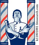 herrenfriseur, mit, pfosten, haar, scherer, und, schere, früher