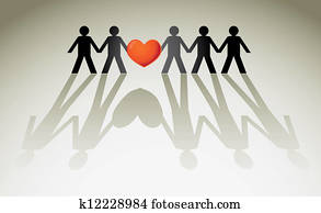 human figures in a row holding red heart - illustration