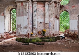 Interior of old deserted church in Novgorod region, Russia