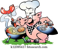 küchenchef, schwein, stehen, und, machen, grillspass küchenchef, schwein, stehen, und, machen, grillspass