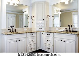 luxo, grande, branca, mestre, banheiro, gabinetes, com, dobro, sinks.