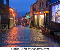 Main Street in Haworth, Yorkshire, UK, at Christmas time